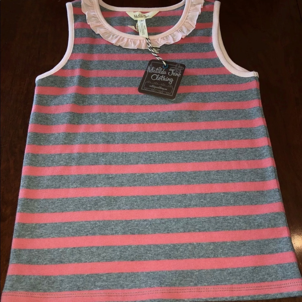 NWTIB Girls Size 8 Matilda Jane Travel Log Gray Pink Striped Ruffle Tank